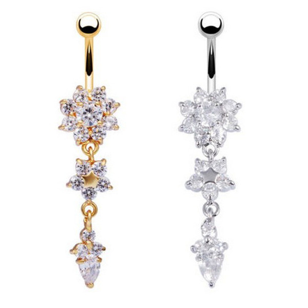 Fashion Gold Long Body Jewelry Zirconia Crystal Flower Belly Button Rings Surgical Sexy Navel Piercing For Women Gift