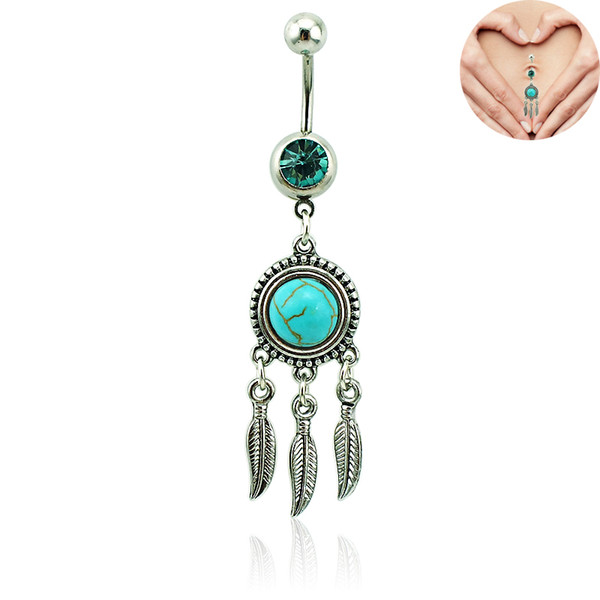 New Belly Button Rings 316L Surgical Steel Barbell Dangle Turquoise Dream Catcher Navel Rings Piercing Jewelry