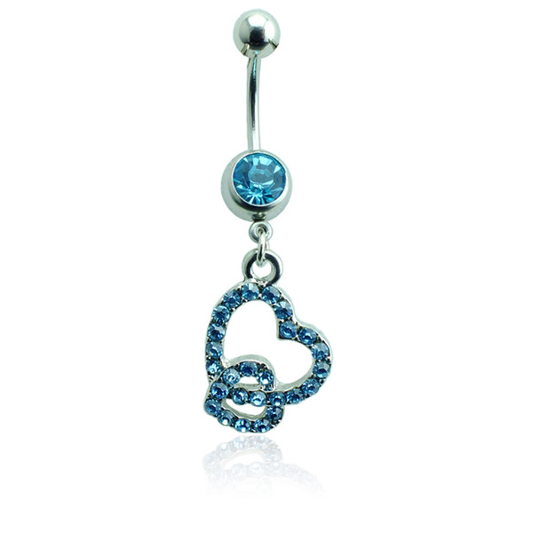 Fashion Belly Button Rings Stainless Steel Barbells Dangle Double Rhinestone Heart Navel Rings Body Piercing Jewelry