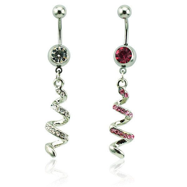 Body Piercing Fashion Belly Button Rings 316L Stainless Steel Dangle 2 Color Rhinestone Spiral Navel Rings Jewelry