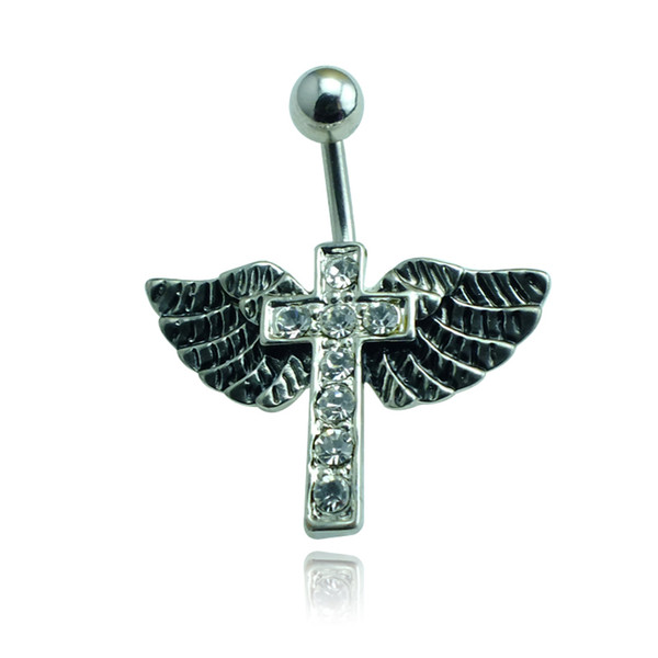 Fashion Belly Button Rings Surgical Steel White Rhinestone Retro Cross Wing Navel Rings For Women Body Piercing Jewelry