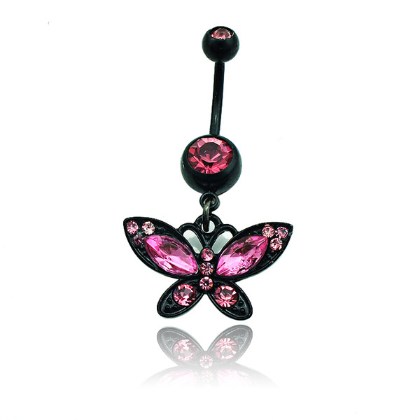 Fashion Belly Button Rings Pink Rhinestone Black Butterfly 316L Stainless Steel Sexy Navel Body Piercing Jewelry