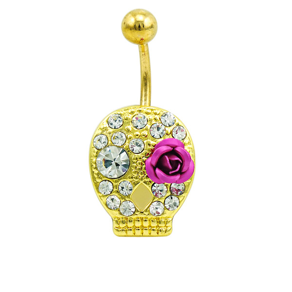 Classic Belly Button Ring Surgical Steel White Rhinestone Skull Face With Rose Navel Rings Body Piercing Jewelry