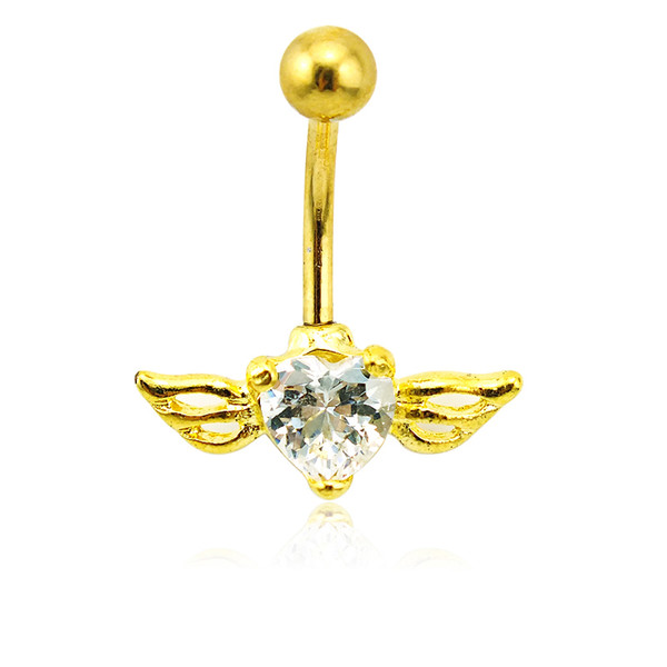 Fashion Gold Plated Belly Button Rings 316L Stainless Steel Barbell White Crystal Heart Wing Navel Piercing Jewelry