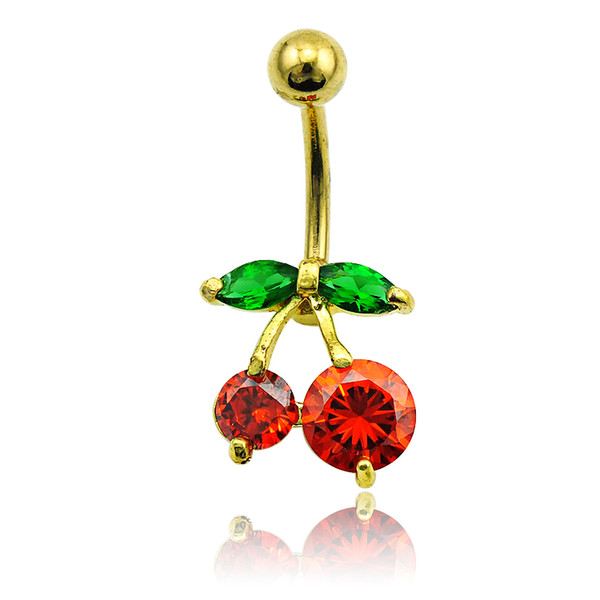 Body Piercing Fashion Belly Button Rings Gold Color Stainless Steel Barbells Crystal Cherry Navel Rings Jewelry