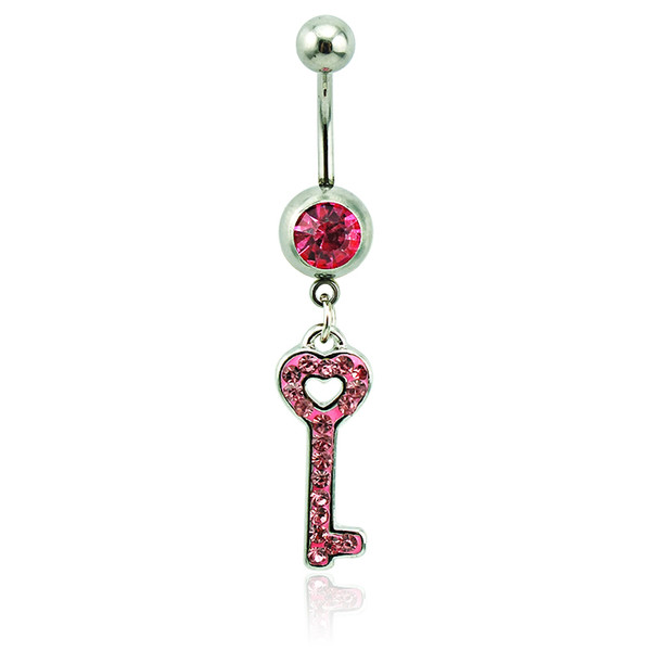 Body Piercing Fashion Belly Button Rings 316L Stainless Steel Barbells Pink Rhinestone Keys Navel Piercing Jewelry