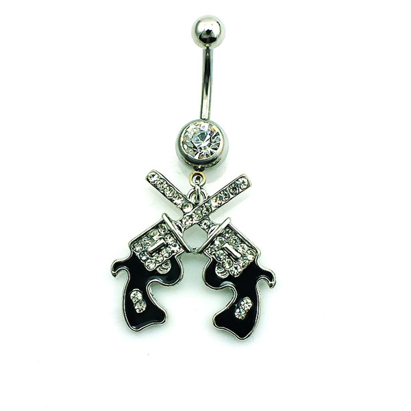Body Piercing Fashion Belly Button Rings Stainless Steel Barbells Dangle Double Rhinestone Gun Navel Rings Jewelry