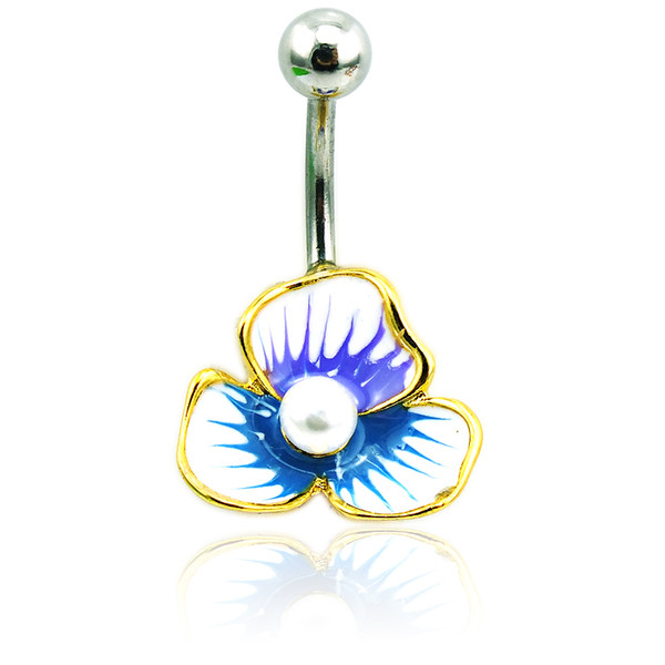 Fashion Belly Rings Stainless Steel Barbell Blue Enamel Pearl Stamens Navel Rings For Women Body Piercing Jewelry