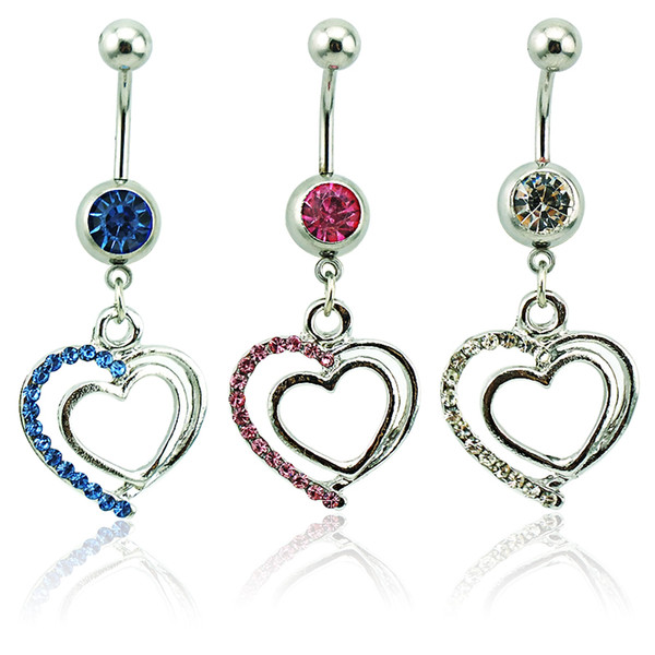 Body Piercing Fashion Belly Button Rings 316L Stainless Steel Barbells Dangle Rhinestone Double Heart Navel Rings Jewelry