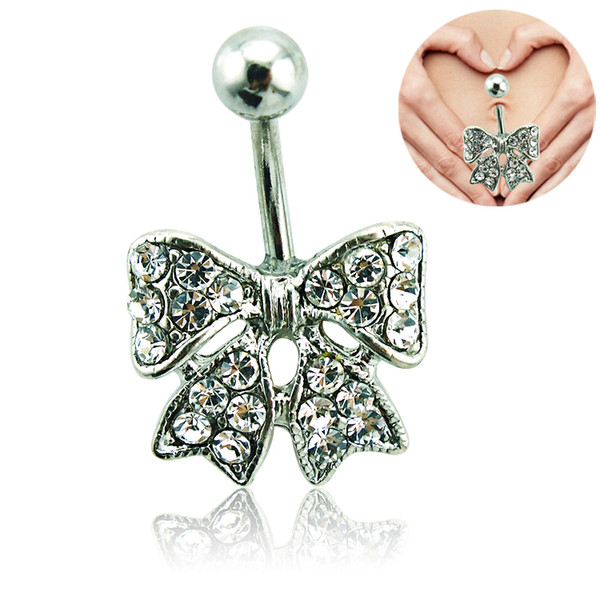 Brand New Belly Button Ring Stainless Steel White Rhinestone Wide Bow-tie Navel Rings Body Piercing Jewelry