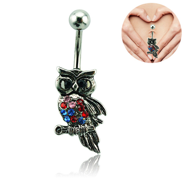 Brand New Belly Button Ring Surgical Steel Bars Multicolor Rhinestone Owl Navel Rings Body Piercing Jewelry