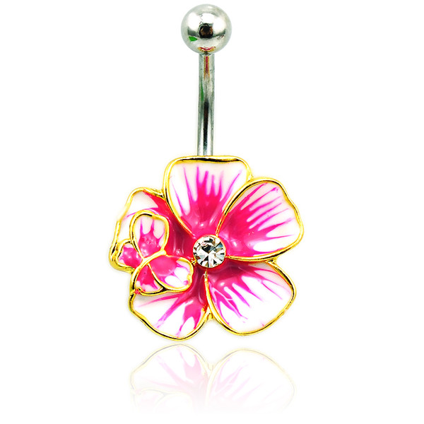 Fashion Gold Plated Belly Button Rings Stainless Steel Barbell Rose Enamel Flower Navel Rings Body Piercing Jewelry