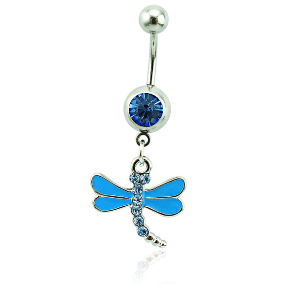 Body Piercing Fashion Belly Button Rings 316L Stainless Steel Barbells Blue Rhinestone Dragonfly Navel Piercing Jewelry