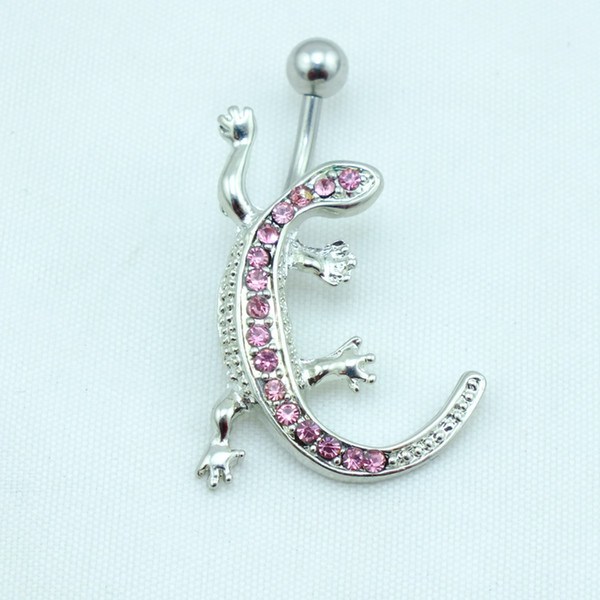 Hot Selling Fashion Navel Rings Shiny Pink Rhinestone Gecko Belly Button Ring Body Piercing Jewelry DQK4168