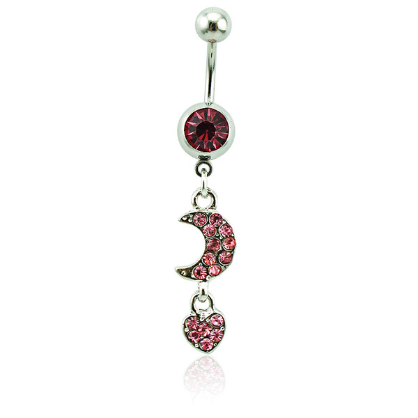 Classic Belly Button Rings Surgical Steel Barbell Dangle Pink Rhinestone Moon Mix Lock Navel Body Piercing Jewelry