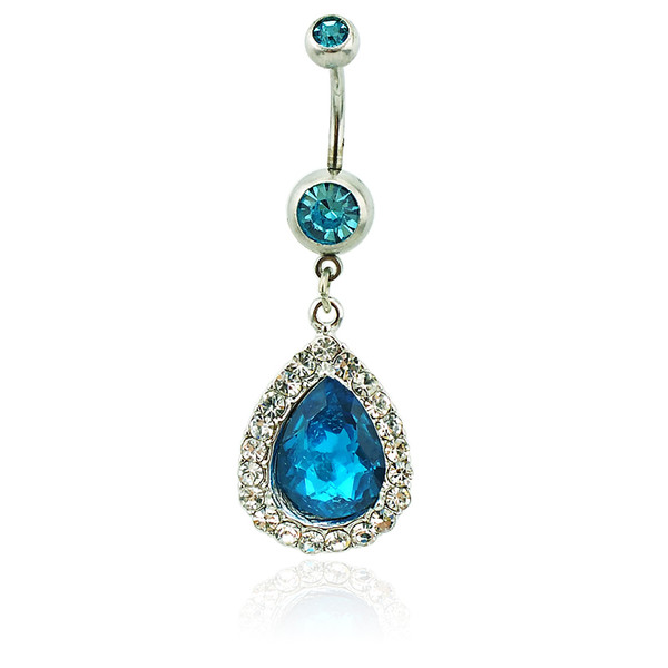 Wholesale Brand New Belly Button Rings 316L Stainless Steel Barbell Dangle Blue Crystal Teardrop Navel Piercing Jewelry