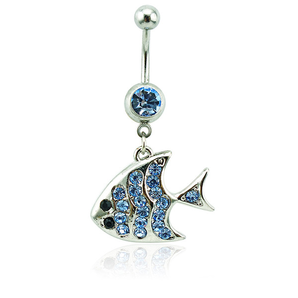 New Belly Button Rings Surgical Steel Barbell Dangle Blue Rhinestone Fish Navel For Men Body Piercing Jewelry