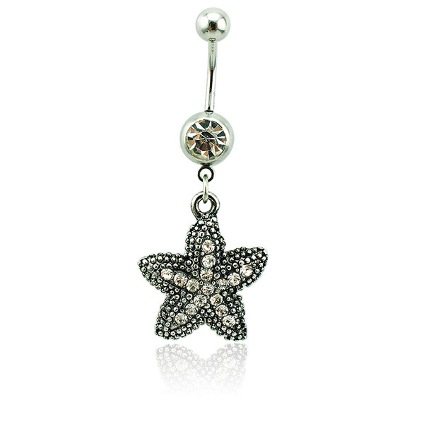 Wholesale Fashion Belly Button Rings 316L Stainless Steel Dangle White Rhinestone Retro Star Navel Rings Piercing Jewelry