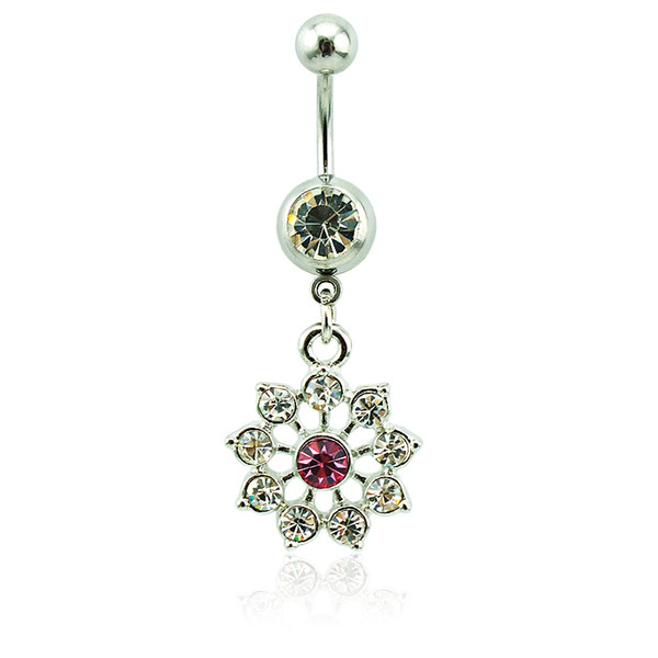 Body Piercing Belly Button Rings Surgical Steel Barbell Dangle White Rhinestone Flower Navel Ring For Women Jewelry