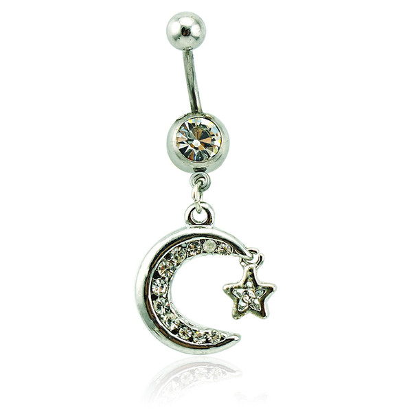 Body Piercing Fashion Belly Button Rings Surgical Steel Barbells Dangle White Rhinestone Moon Navel Piercing Jewelry