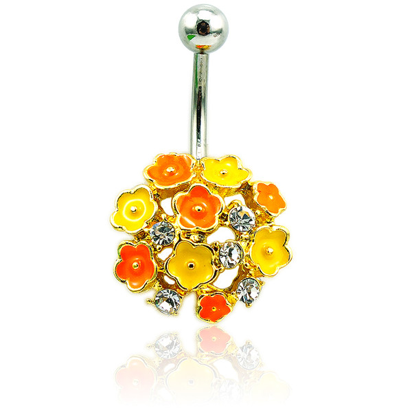 Fashion Gold Plated Belly Button Rings Stainless Steel Barbell Yellow Enamel Stamens Navel Rings Body Piercing Jewelry