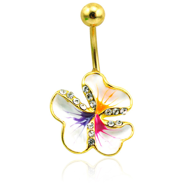 Fashion Gold Plated Belly Button Rings Stainless Steel Barbell White Rhinestone Enamel Flower Navel Rings Body Piercing Jewelry