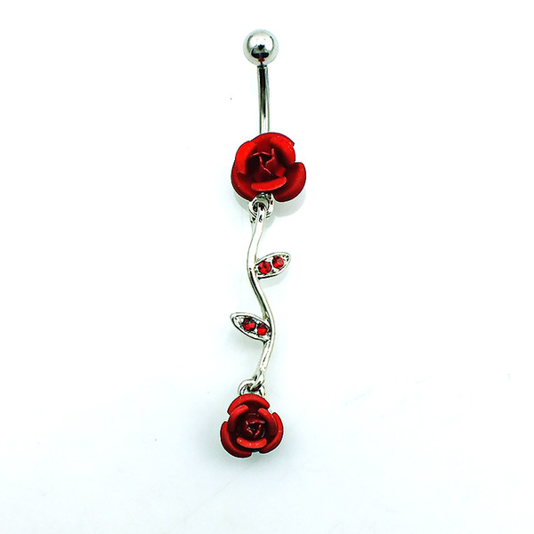 Body Piercing Belly Button Rings Fashion Stainless Steel Barbell Dangle Red Rhinestone Double Rose Navel Rings Jewelry