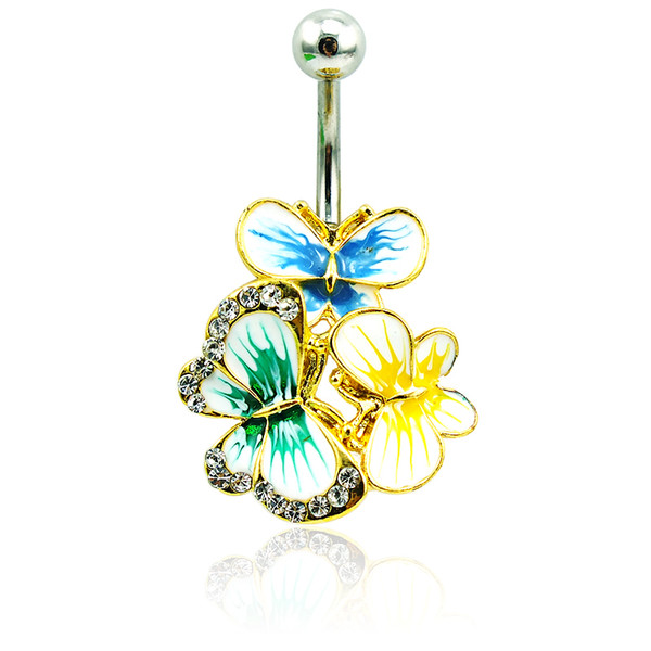 Fashion Belly Button Rings Stainless Steel Barbell White Rhinestone Multicolor Enamel Butterfly Navel Rings Body Piercing Jewelry