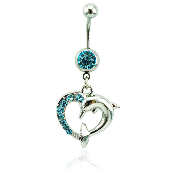 Fashion Belly Button Rings Surgical Steel Barbell Dangle Blue Rhinestone Dolphin Heart Navel Body Piercing Jewelry