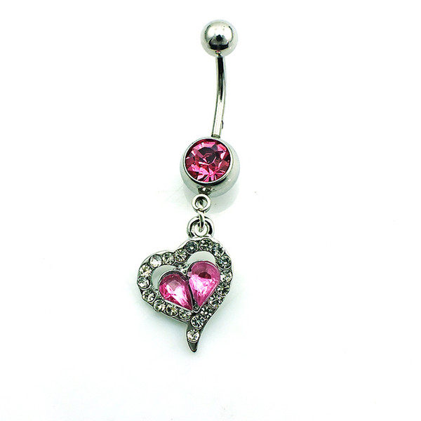 Wholesale Fashion Belly Button Rings 316L Stainless Steel Dangle pink Rhinestone hesrt Navel Rings Piercing Jewelry