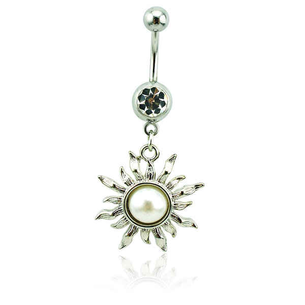 Brand New Belly Button Rings 316L Stainless Steel Dangle White Pearl Flower Navel Rings Piercing Jewelry