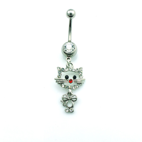 Fashion Belly Button Rings Stainless Steel Bar Silver Plated Rhinestone Cat Navel Rings Body Piercing Jewelry