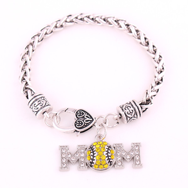 Multi-Color Antique Sliver Plated Studded With Sparkling Crystal MOM BASEBALL Or SOFTBALL Charm Sports Wheat Chain Bracelet