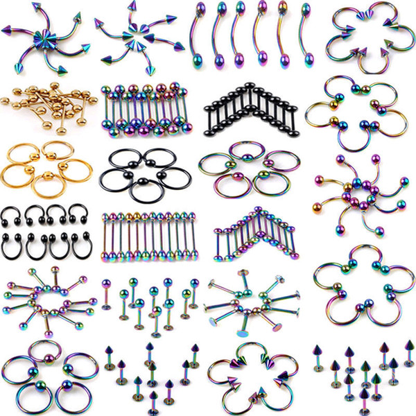 120Pcs Body Jewelry Eyebrow Navel Belly Tongue Nose Piercing Bar Ring