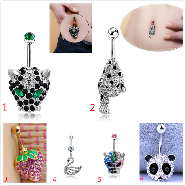 Panda Leopards Swan Strawberries Navel Ring Surgical Steel Piercing Crystal Belly Button Rings Crystal Neck Body Accessories