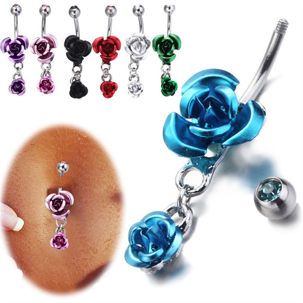 7 Colors Double rose flower Body Navel Piercing Fashion Belly Button Rings Surgical Steel Barbells Rhinestone Gun Navel Rings Jewelry