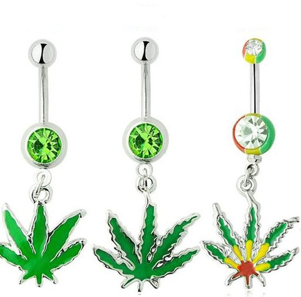 Navel Ring Navel Bell Button Bar Ring Leaves Dangle Barbell Rhinestone Body Piercing Sexy Rhinestone Ball Green Leaf Medical Stainless Steel