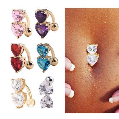 6 Colors Reverse Crystal Bar Belly Ring Gold Body Piercing Button Navel Two Heart body pierce jewelry K2682