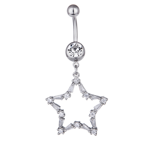 Clear CZ Crystal Five Star Navel Bar Belly Button 316L Surgical Steel Fashion Body Piercing Jewelry Dangle Drop New Wholesale