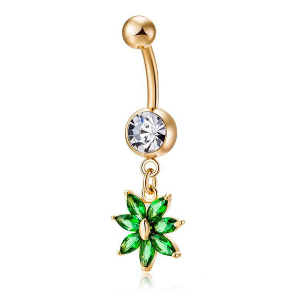 Flower Summer Body Ring 18K Yellow Gold Plated Green/White CZ Crystal Dancer Belly Ring for Grils Women