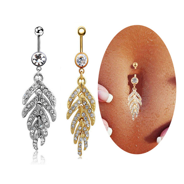 Women Sexy Leaf Feather Dangle Belly Button Rings Stainless Steel Navel Piercings Fashion Body Jewelry 2 Colors G89LR