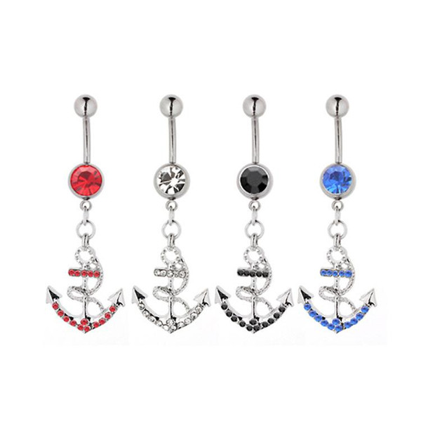 Anchor Navel & Bell Button Rings Body Piercing Jewelry Rhinestones Stainless Steel Gem Bar 5 Colors for choices(10PCS/LOT)