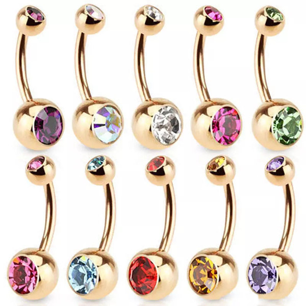 Stainless Steel Gold Crystal Rhinestone Belly Button Ring Navel Bar Body Piercing Jewelry