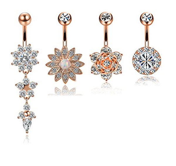 4PCS/set Stainless Steel Zircon Belly Button Rings kit Flower Navel Rings Set for Women CZ Flower Body Piercing Jewelry