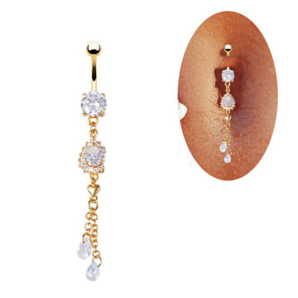 NEW design Long Dangling Gems Crystal Navel ring Gold Plated Sexy Women Navel Dangle Belly Button Ring Pieced Jewelry