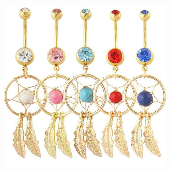 Crystal Gem Dream Catcher Dangle Belly Navel Barbell Button Ring 316L Stainless Steel Navel Body Piercing Jewelry