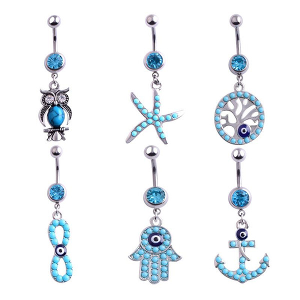 Owl Anchor Hand Tree Belly Button Ring Colorful Rhinestone Navel Belly Rings Body Piercing Women Girls Summer Jewelry