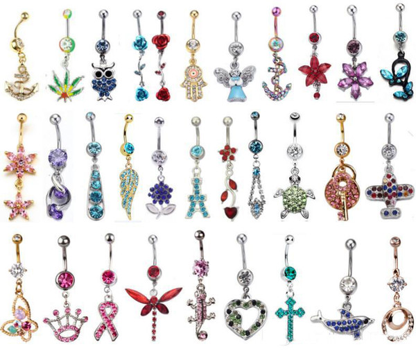 Hot Sale Gem mixed different designs Belly Button Rings 316L Stainless Steel Navel Piercing Dangle Belly Rings Body Jewelry Gift 8pcs