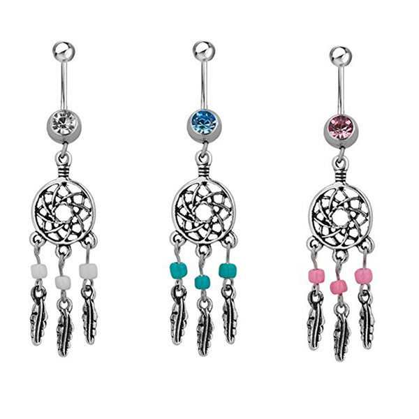 Fashion Crystal Leaf Dream Catcher Stainless Steel Turquoise Bead Belly Button Ring Belly Rings Dangling Tassel D479S