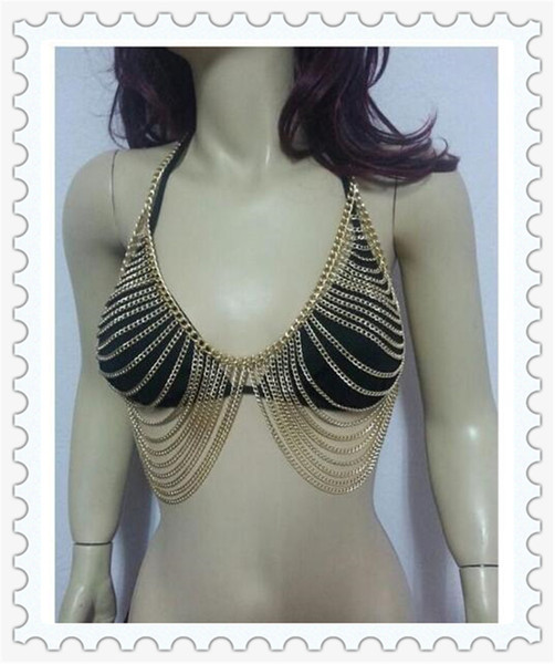 Sexy Women Waist Jewelry Tone Mesh Body Chain Bra Slave Harness Silver Gold Crystal V Necklace